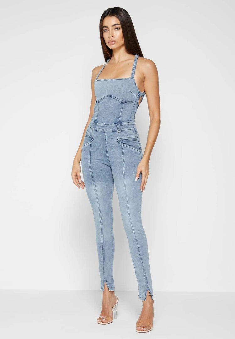 Woman Jumpsuits Denim Unitard - Mid Blue