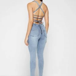 Woman Jumpsuits Denim Unitard - Mid Blue