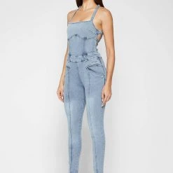 Woman Jumpsuits Denim Unitard - Mid Blue