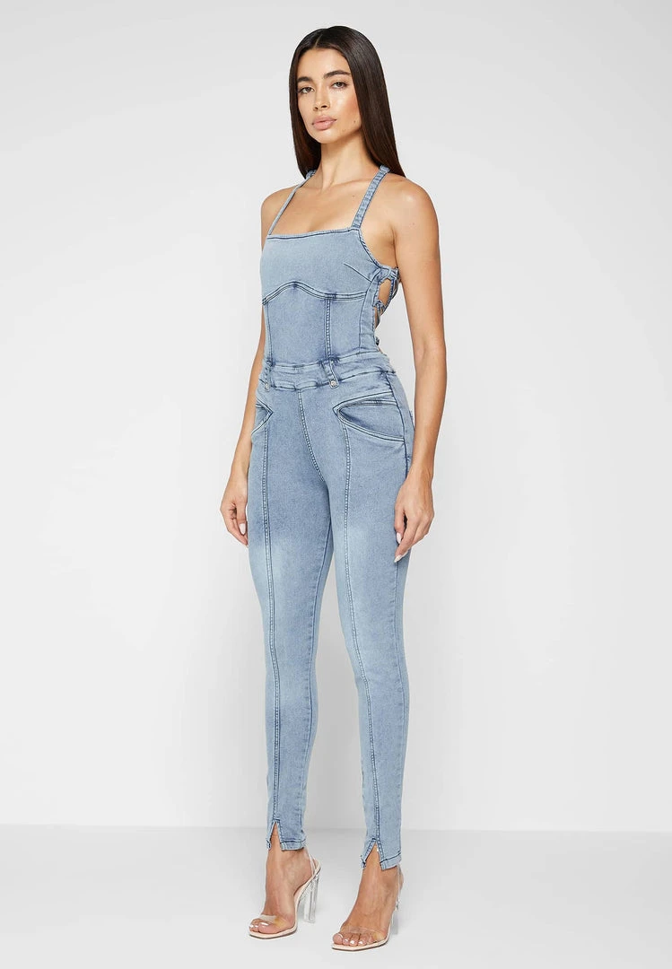 Woman Jumpsuits Denim Unitard - Mid Blue
