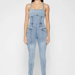 Woman Jumpsuits Denim Unitard - Mid Blue