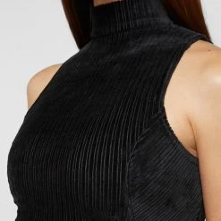 Woman Tops Detachable Chain Ribbed Velour Top - Black TOPS & T SHIRTS