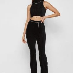 Woman Tops Detachable Chain Ribbed Velour Top - Black TOPS & T SHIRTS
