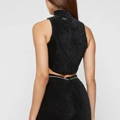 Woman Tops Detachable Chain Ribbed Velour Top - Black TOPS & T SHIRTS