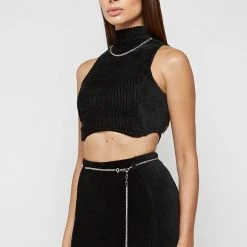 Woman Tops Detachable Chain Ribbed Velour Top - Black TOPS & T SHIRTS