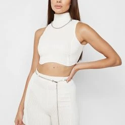 Woman Tops Detachable Chain Ribbed Velour Top - Off White TOPS & T SHIRTS