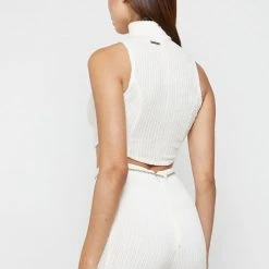 Woman Tops Detachable Chain Ribbed Velour Top - Off White TOPS & T SHIRTS