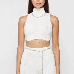 Woman Tops Detachable Chain Ribbed Velour Top - Off White TOPS & T SHIRTS