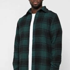 Man Shirts Distressed Check Overshirt - Forest Green