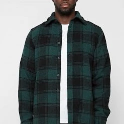 Man Shirts Distressed Check Overshirt - Forest Green