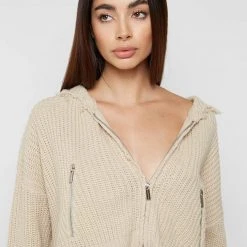 Woman Hoodies Distressed Chunky Knit Hoodie - Beige CO-ORDS