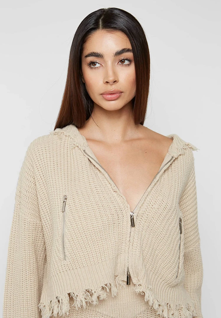 Woman Hoodies Distressed Chunky Knit Hoodie - Beige CO-ORDS