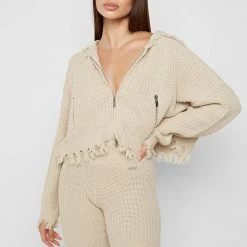 Woman Hoodies Distressed Chunky Knit Hoodie - Beige CO-ORDS