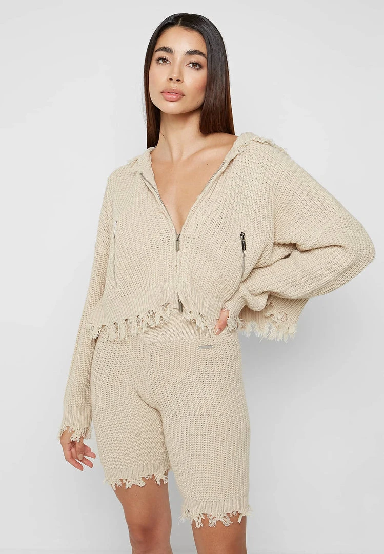 Woman Hoodies Distressed Chunky Knit Hoodie - Beige CO-ORDS