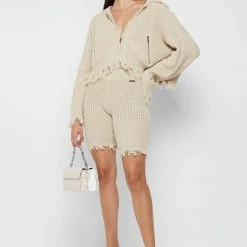 Woman Hoodies Distressed Chunky Knit Hoodie - Beige CO-ORDS