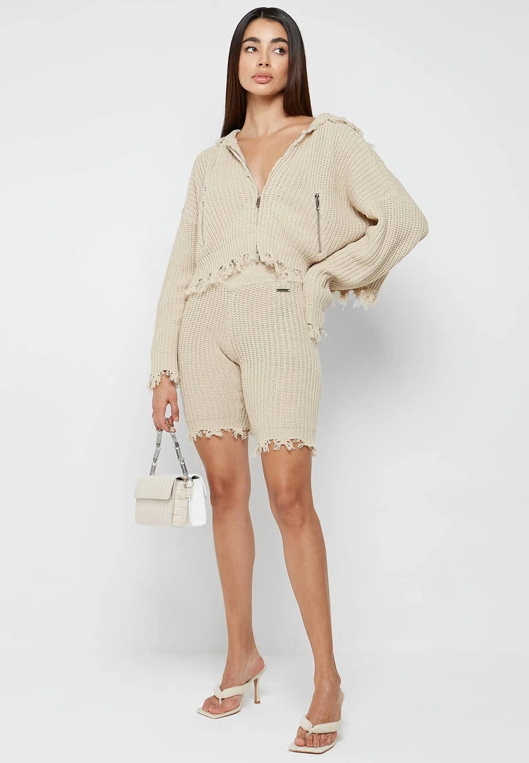 Woman Hoodies Distressed Chunky Knit Hoodie - Beige CO-ORDS