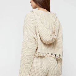 Woman Hoodies Distressed Chunky Knit Hoodie - Beige CO-ORDS