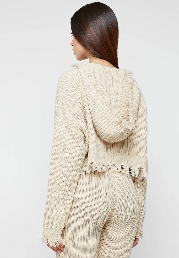Woman Hoodies Distressed Chunky Knit Hoodie - Beige CO-ORDS