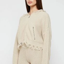 Woman Hoodies Distressed Chunky Knit Hoodie - Beige CO-ORDS