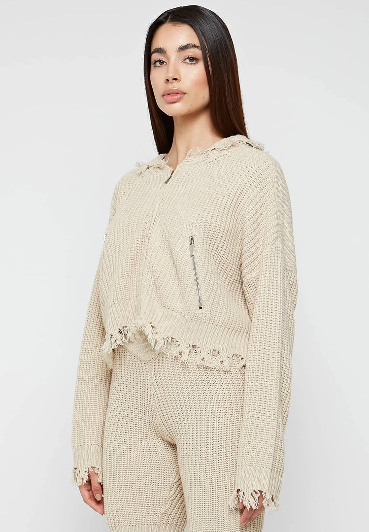 Woman Hoodies Distressed Chunky Knit Hoodie - Beige CO-ORDS