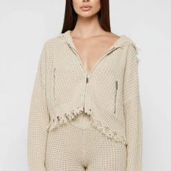 Woman Hoodies Distressed Chunky Knit Hoodie - Beige CO-ORDS