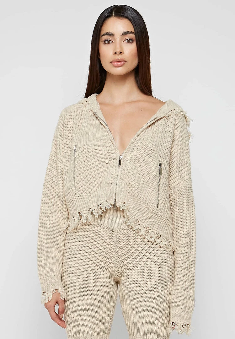 Woman Hoodies Distressed Chunky Knit Hoodie - Beige CO-ORDS
