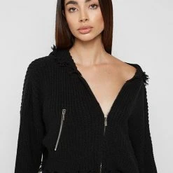 Woman Hoodies CO-ORDS Distressed Chunky Knit Hoodie - Black