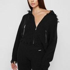 Woman Hoodies CO-ORDS Distressed Chunky Knit Hoodie - Black