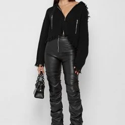 Woman Hoodies CO-ORDS Distressed Chunky Knit Hoodie - Black