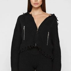 Woman Hoodies CO-ORDS Distressed Chunky Knit Hoodie - Black