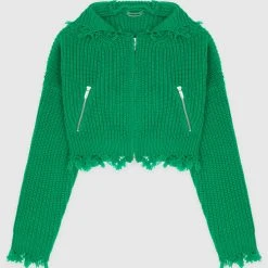 Woman Hoodies Distressed Chunky Knit Hoodie - Green CO-ORDS