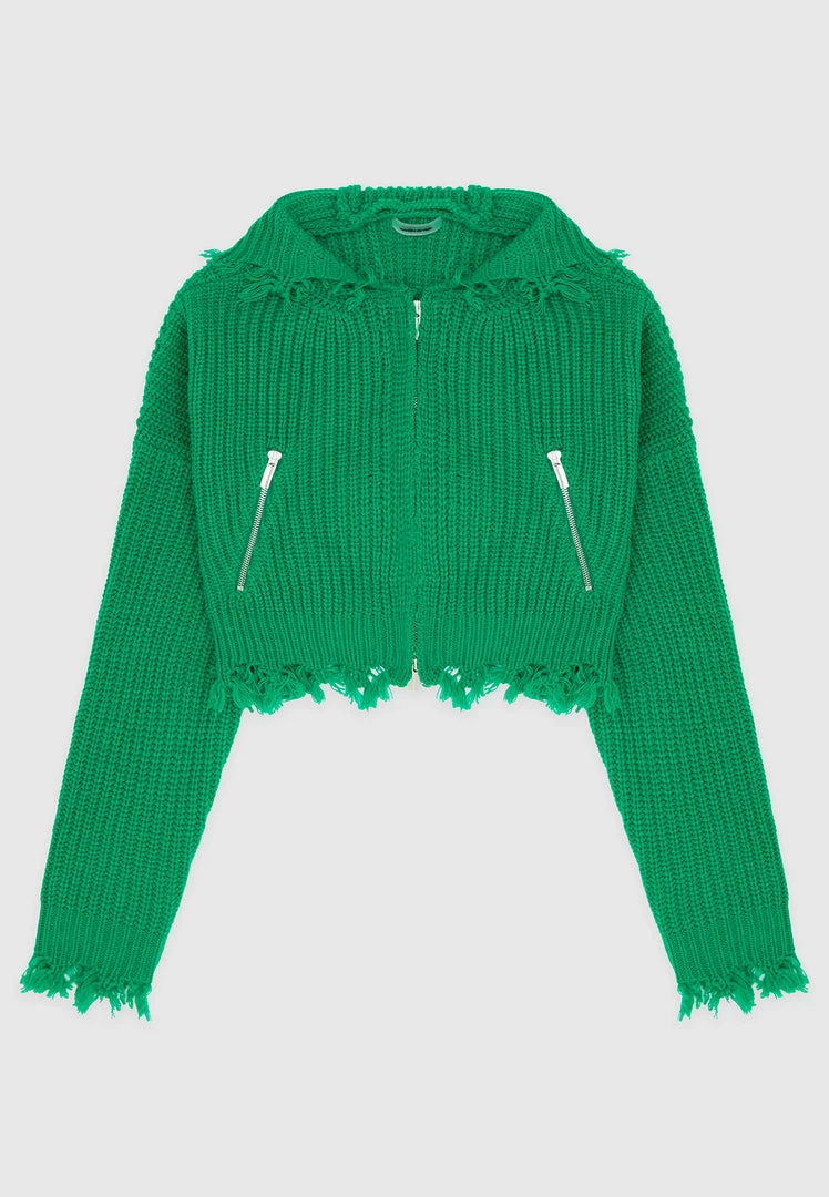 Woman Hoodies Distressed Chunky Knit Hoodie - Green CO-ORDS