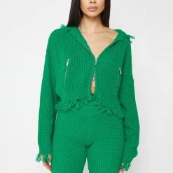 Woman Hoodies Distressed Chunky Knit Hoodie - Green CO-ORDS