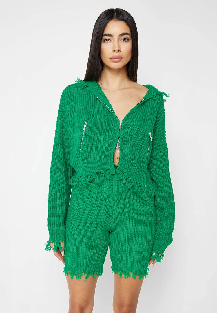 Woman Hoodies Distressed Chunky Knit Hoodie - Green CO-ORDS