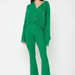 Woman Hoodies Distressed Chunky Knit Hoodie - Green CO-ORDS