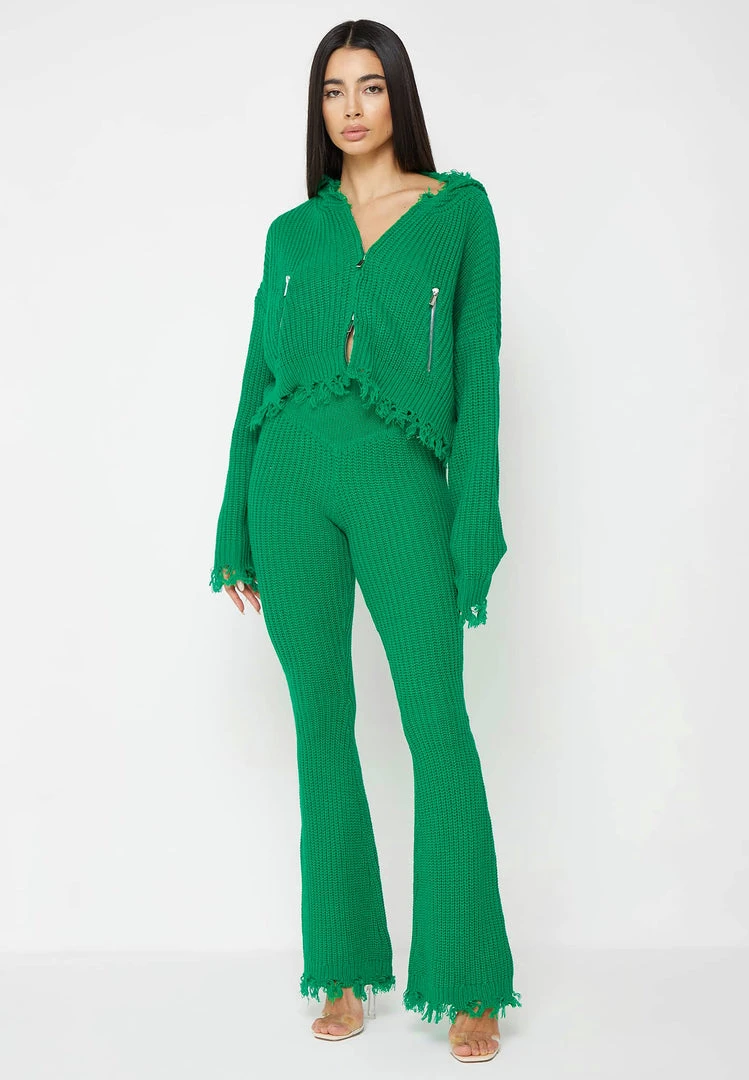 Woman Hoodies Distressed Chunky Knit Hoodie - Green CO-ORDS