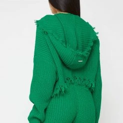 Woman Hoodies Distressed Chunky Knit Hoodie - Green CO-ORDS