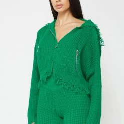 Woman Hoodies Distressed Chunky Knit Hoodie - Green CO-ORDS