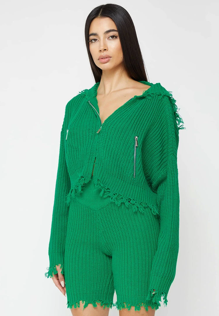 Woman Hoodies Distressed Chunky Knit Hoodie - Green CO-ORDS