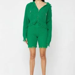 Woman Hoodies Distressed Chunky Knit Hoodie - Green CO-ORDS