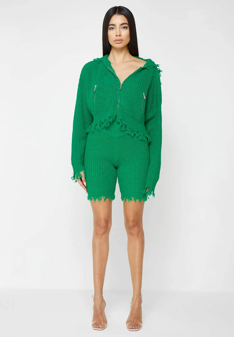 Woman Hoodies Distressed Chunky Knit Hoodie - Green CO-ORDS