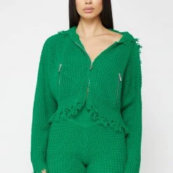 Woman Hoodies Distressed Chunky Knit Hoodie - Green CO-ORDS