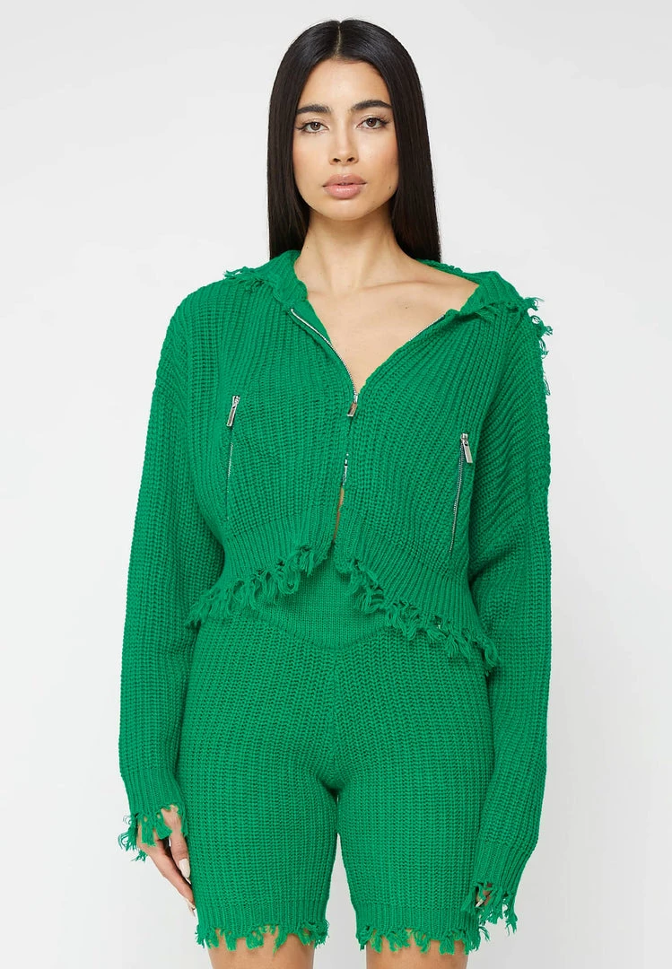 Woman Hoodies Distressed Chunky Knit Hoodie - Green CO-ORDS