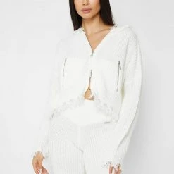 Woman Hoodies Distressed Chunky Knit Hoodie - White CO-ORDS