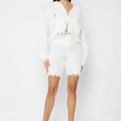 Woman Hoodies Distressed Chunky Knit Hoodie - White CO-ORDS