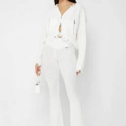 Woman Hoodies Distressed Chunky Knit Hoodie - White CO-ORDS