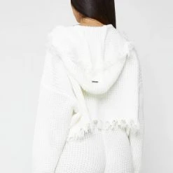 Woman Hoodies Distressed Chunky Knit Hoodie - White CO-ORDS