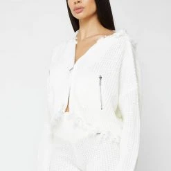 Woman Hoodies Distressed Chunky Knit Hoodie - White CO-ORDS