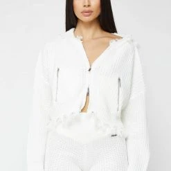 Woman Hoodies Distressed Chunky Knit Hoodie - White CO-ORDS