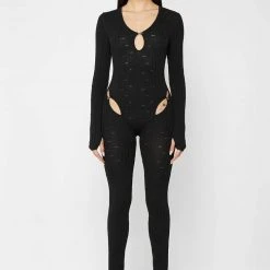 Woman Jumpsuits JUMPSUITS & PLAYSUITS Distressed Knitted Cut Out Jumpsuit - Black